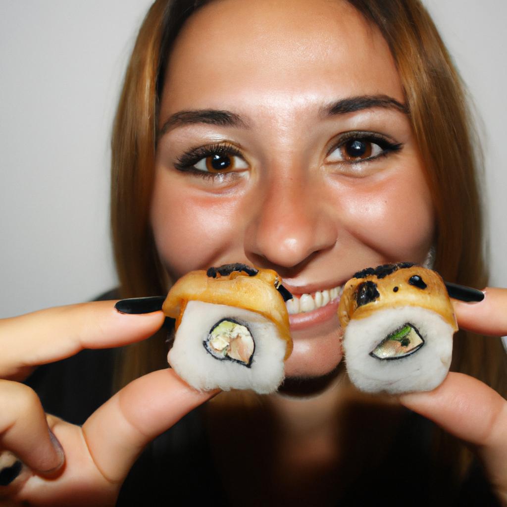 Person holding sushi, smiling