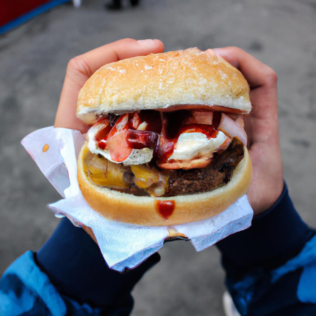 Person holding a loaded burger