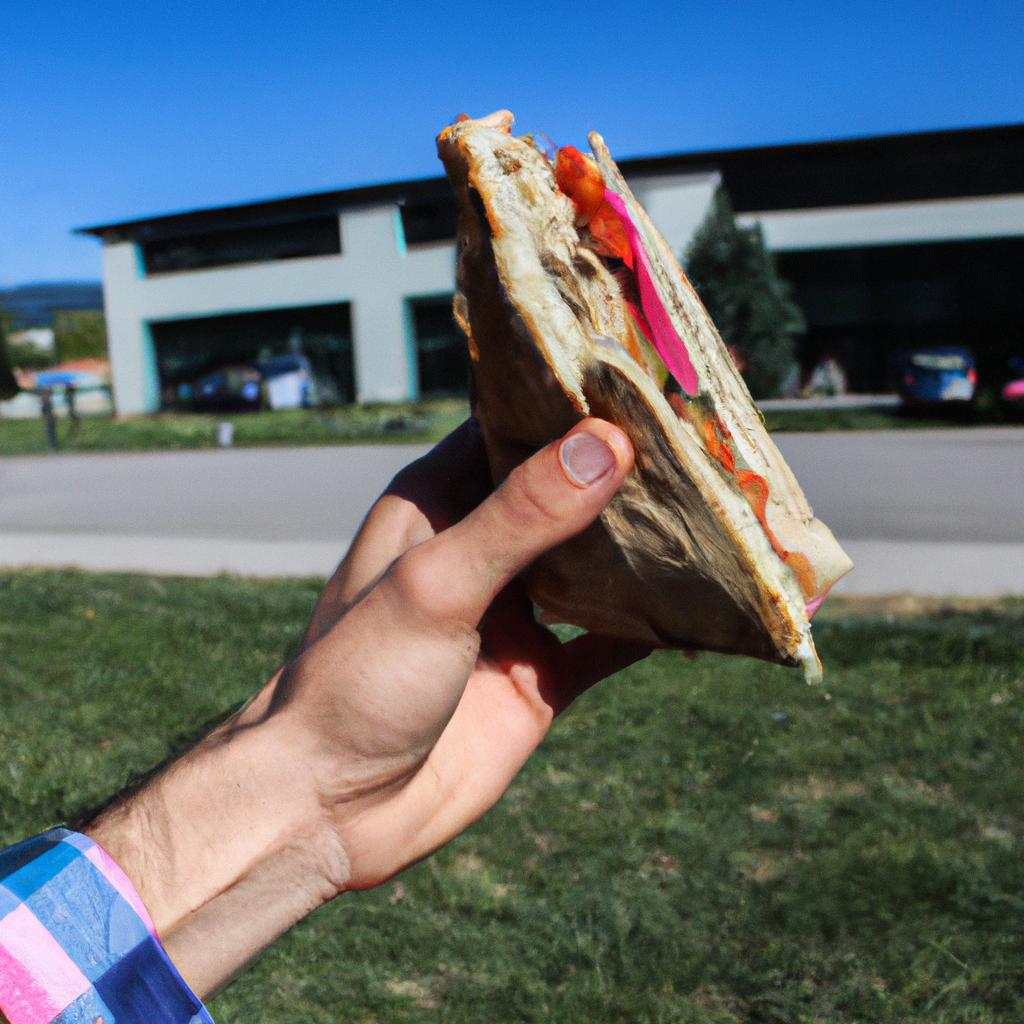 Person eating vegan sandwich outdoors